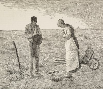 Angelus, maanviljelijäpari pelloilla, kaiverrus Jean-Francois Milletin (1814-1875), ranskalaisen taidemaalarin, maalauksesta L