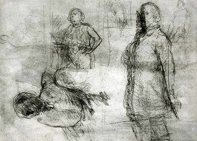 Les Lavandieres (mustakynä, värikynä, tussi ja muste paperille) (musta conte, värikynä, tussi ja muste paperille) tekijältä Jean Francois Millet