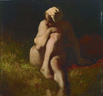 Alaston talonpoikaistyttö istumassa puron rantatörmällä tekijältä Jean-Francois Millet