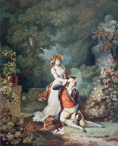 The Lover Surprised, kaiverrus Charles Melchior Descourtis (1753-1820) (värikaiverrus) tekijältä Jean Frederic (after) Schall