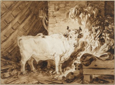 Valkoinen härkä ja koira tallissa tekijältä Jean Honore Fragonard