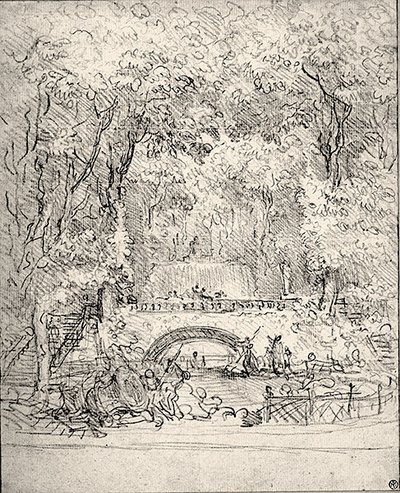 Kaskadi puutarhassa (liitu paperille) tekijältä Jean Honore Fragonard