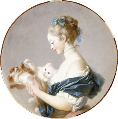 Tyttö leikkii koiran ja kissan kanssa tekijältä Jean Honore Fragonard