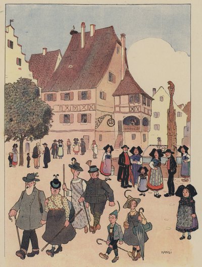 Saksalaiset turistit Alsacen kylässä (värilitho) tekijältä Jean Jacques Waltz