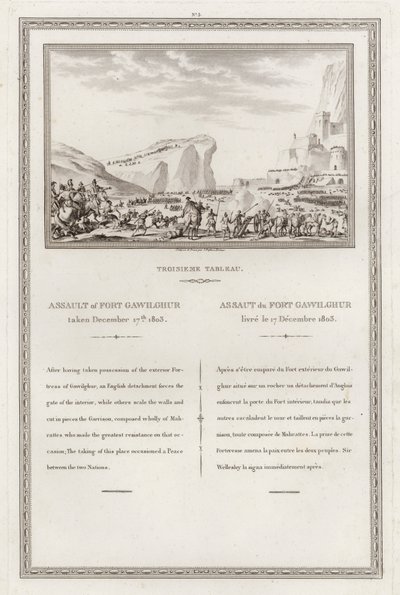 Britit valtasivat Gawilghurin linnoituksen Arthur Wellesleyn johdolla, toinen anglo-Marashtran sota, Intia tekijältä Jean (after) Duplessi Bertaux