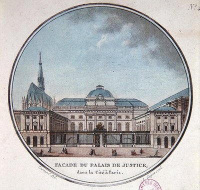 Palais de Justicen julkisivu, n. 1785 (värilitho) tekijältä Jean (after) Testard