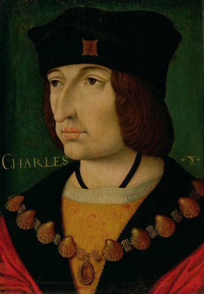 Muotokuva Kaarle VIII (1470-98), Ranskan kuningas (öljy paneelille) (ks. myös 191337) tekijältä Jean (attr.to) Bourdichon
