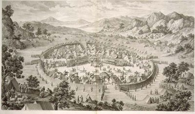 Tchao-Hoei miehittää joukkojaan harjoituksilla ja sotilaspeleillä vuonna 1758, levy 5 Kiinan keisarin Qianlongin valloitusten sarjasta, kaiverrettu Pierre Philippe Choffard (1730-1809) 1772 (kaiverrus) tekijältä Jean (d.1781) (after) Damascene