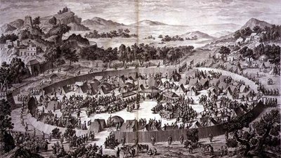 Tchao-Hoei leirissään Yerechimin muurien alla vastaanottaa kaupungin ja maakunnan asukkaiden kunnianosoituksen heinäkuussa 1759, levy 4 Kiinan keisarin Qianlongin valloitusten sarjasta, Pierre Philippe Chon kaivertama. tekijältä Jean (d.1781) (after) Damascene