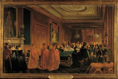 Kuningatar Victoria (1819-1901) vastaanottaa kuningas Louis-Philippe 1.:n (1773-1850) ritariksi Jarretieren järjestyksessä Windsorin linnassa tekijältä Jean Alaux