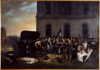 Heinäkuun uhrien väliaikainen hautaaminen Louvren pylväskäytävän edustalle. tekijältä Jean Alphonse Roehn