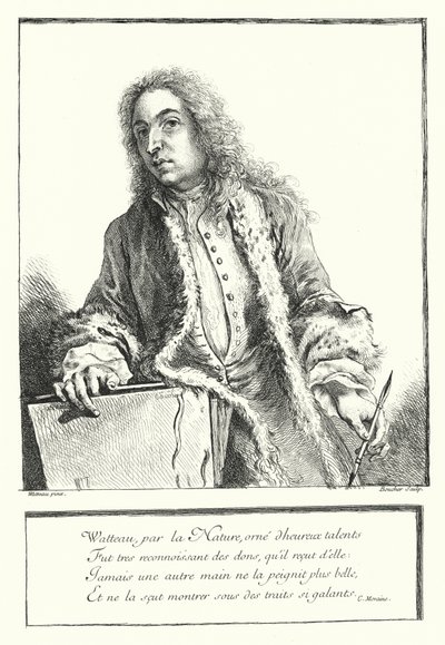 Ranskalaisen taiteilijan Antoine Watteaun omakuva (kaiverrus) tekijältä Jean Antoine (after) Watteau