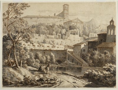 Taiteilija luonnostelee joen rantaa, italialaisen kaupungin alapuolella, n. 1780 (muste ja pesu levitetylle paperille, jälkiä mustasta liidusta) tekijältä Jean Antoine Constantin