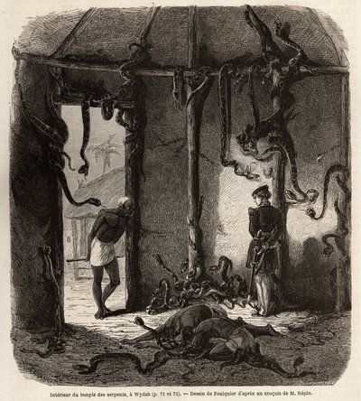 Fetiches-käärmetemppelin sisällä, Wydahissa, Dahomeyssa (nykyinen Benin), Jean Antoine Foulquierin (1822-1896) piirros havainnollistamaan tohtori Repinin matkaa Dahomeyyn vuonna 1860. Kaiverrus "" Le tour du monde" ”, toimittanut Edouard Charton tekijältä Jean Antoine Valentin Foulquier