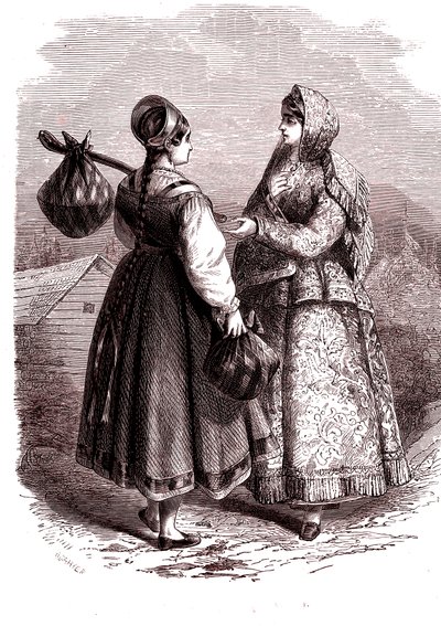 Venäjä. Naiset vuoristossa Valdaiy. 1865 (kaiverrus) tekijältä Jean Antoine Valentin Foulquier