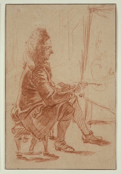 Karvapeitteinen taidemaalari (mahdollisesti Claude Audran), istuu työpöydän ääressä, profiilikuva kuvattuna tekijältä Jean Antoine Watteau