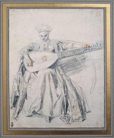 Luutunsoittaja Jean Antoine Watteau (1684-1721) piirtää lyijykaivoksen ja verta 1700-luvun Chantilly-museo Conde tekijältä Jean Antoine Watteau