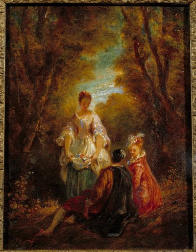 Hahmoja puistossa Jean Antoine Watteaun (1684-1721) maalaus 1700-luku tekijältä Jean Antoine Watteau