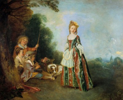 Jean Antoine Watteaun (1684-1721) tanssimaalaus 1716-1718 su. 0,97 x 1,1 m Berliini. Staatliche-museo tekijältä Jean Antoine Watteau