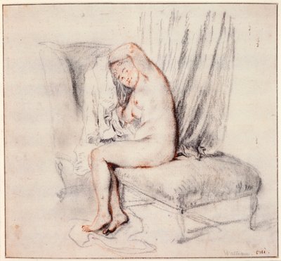 Alaston nainen istumassa lepotuolissa, pukemassa paitaansa, 1700-luku. tekijältä Jean Antoine Watteau