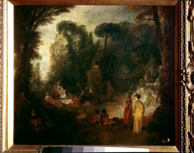 Juhli puistossa Piknik, keskustelu ja kävely metsässä. Jean Antoine Watteaun (1684-1721) maalaus, noin 1712-1713. Öljy kankaalle. Mitat: 48 x 55 cm. Madrid, Prado-museo tekijältä Jean Antoine Watteau