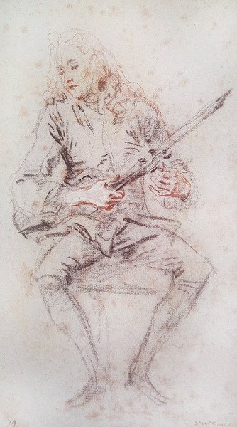 Istuva viulisti kääntämässä instrumenttiaan; tekijältä Jean Antoine Watteau