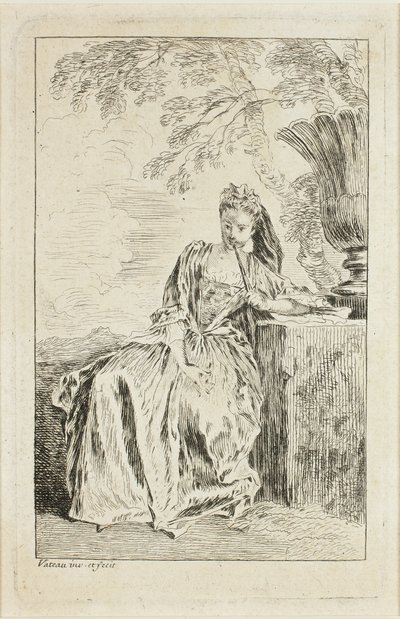 Istuva nainen, joka nojaa jalustalle. tekijältä Jean Antoine Watteau