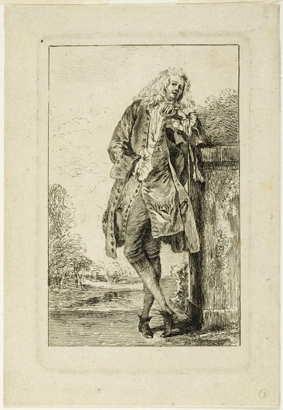 Pysyvä mies nojaa kyynärpäähän tekijältä Jean Antoine Watteau