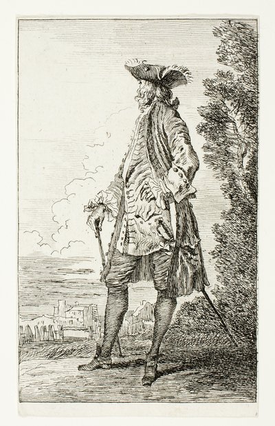 Seisova mies hattu päässä, vasemmalle päin, kuvasta Figures de Modes tekijältä Jean Antoine Watteau