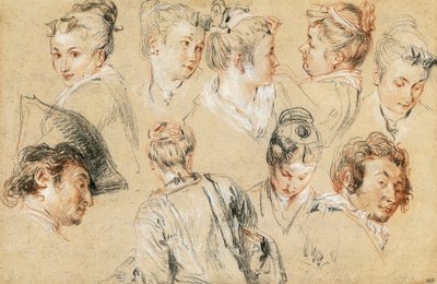 Jean-Antoine Watteaun (1684-1721) tutkimus päistä, piirustus tekijältä Jean Antoine Watteau