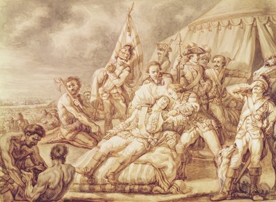 Markiisi de Montcalm de Saint-Veranin (1712-59) kuolema (kynän ja musteen pesu vartalovärillä paperilla) tekijältä Jean Antoine Watteau