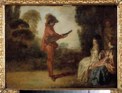 The Enchanting Nuori muusikko viettelemässä kahta nuorta naista musiikillaan. Jean Antoine Watteaun (1684-1721) maalaus tekijältä Jean Antoine Watteau