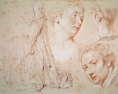 Kolme päätä ja istuva nainen, n. 1716 (paperiliitu musta-punaisella liidulla) tekijältä Jean Antoine Watteau