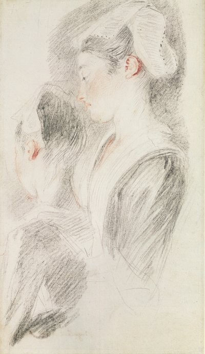 Kaksi tutkimusta naisesta, kolme neljäsosaa takaa, yksi profiilissa (sangviini ja musta liitu paperilla) tekijältä Jean Antoine Watteau