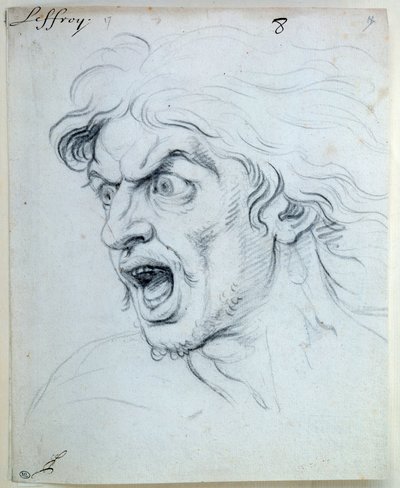 Sielun intohimon ilmaisu; Pelottava. Jean Audranin piirustus (1667-1756) tekijältä Jean Audran