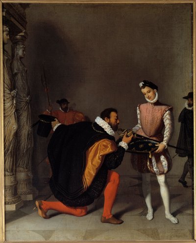 Don Pedro de Toledo, Filip II:n suurlähettiläs suutelemassa Henri IV:n (1553-1610) nopeutta Louvressa Jean-Auguste-Dominique Ingresin (1780-1867) maalaus 1800-luvun su. 0,45x0,36 m Pau, musee du chateau tekijältä Jean Auguste Dominique Ingres