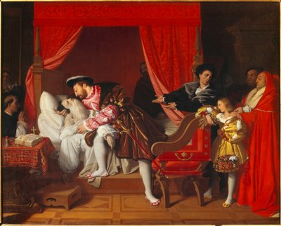 Ranskan kuningas Francois I (1492-1547) vastaanottaa Leonard de Vincin viimeiset huokaukset Lucen luona tekijältä Jean Auguste Dominique Ingres