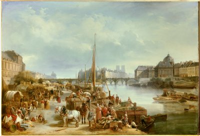 Näkymä Saint Nicolasin satamasta Se sijaitsi lähellä Pont Neufia Pariisissa. Jean Auguste Garneray (1778-1845) maalaus 1834 su. 0,8x1,18 m Pariisi, Musee Carnavalet tekijältä Jean Auguste Garneray
