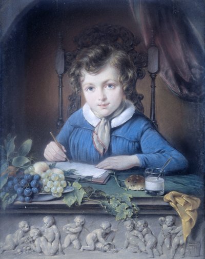 Pojan muotokuva, joka istuu ikkunarakossa ja yllään sininen takki tekijältä Jean Augustin Daiwaille (attributed to)