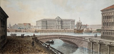 Näkymä Kuvataideakatemialle Nevan varrelta Pietarissa - Jean Balthazard de la Traversen teos (1700-luvun toinen puolisko), akvarelli ja guassi paperille, 1790 loppu, tekijältä Jean Balthazard de la Traverse
