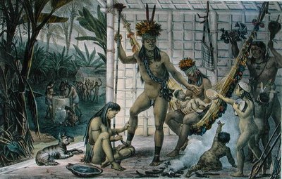 Camacanin intiaanipäällikön perhe valmistautumassa festivaaliin, kuva Jean-Baptise Debretin (1768-1848) teoksesta Voyage Pittoresque et Historique au Bresil, julkaistu Pariisissa tekijältä Jean Baptiste (after) Debret