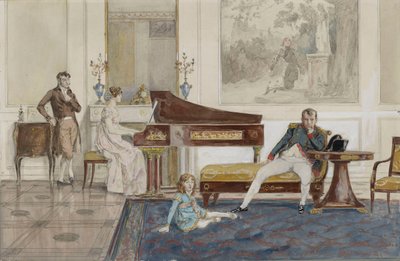 Leaving for Syria -elokuvan ensimmäinen esitys Napoleonin, hänen poikansa ja Comte de Laborden edessä (grafiitti, akvarelli ja vartaloväri korostettu valkoisella paperille) tekijältä Jean Baptiste (attr. to) Isabey