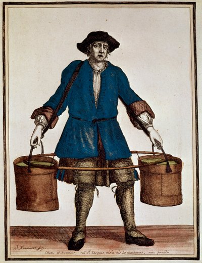 Vesisäiliö, Henri Bonnartin (1642-1711) ja Jean Baptiste Bonnartin (1654-1726) värillinen kaiverrus Recueil des Modes de la cour de Francesta tekijältä Jean Baptiste Bonnart