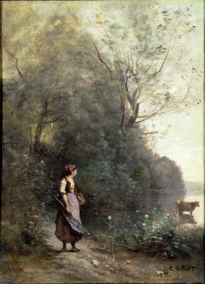 Talonpoikaisnainen laiduntamassa lehmää metsän reunalla, n.1865-70 tekijältä Jean Baptiste Camille Corot