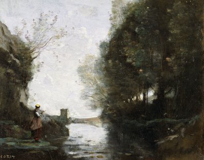 Joki neliötornilla ja maanviljelijällä etualalla, n. 1865-70 tekijältä Jean Baptiste Camille Corot