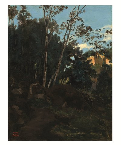 Lehto Civita Castellanan kallioiden keskellä (öljy paperille asetettu kankaalle) tekijältä Jean-Baptiste-Camille Corot