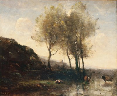Lehmänpaimen lepää Cool Hillsin juurella, n. 1855-1865 tekijältä Jean-Baptiste-Camille Corot