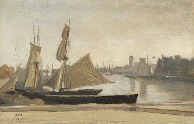 Dunkerque, kalastusveneet sidottu satamaan, n. 1830 tekijältä Jean Baptiste Camille Corot