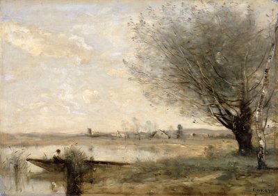 Kalastaja ankkuroituna pankkiin (öljy kankaalle) tekijältä Jean-Baptiste-Camille Corot