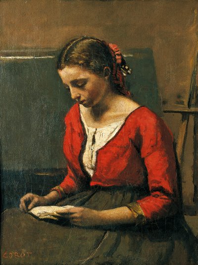 Tyttö lukee, kirjoittanut Jean-Baptiste-Camille Corot (1796-1875) tekijältä Jean-Baptiste-Camille Corot
